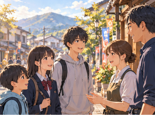商店街で地域の大人たちと挨拶を交わす子どもと学生