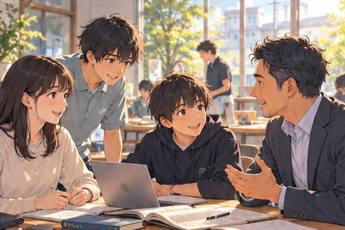 カフェでノートパソコンを囲んで若者と話す地域の大人たち